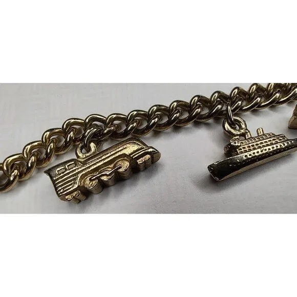 Vintage Gold Tone Charm Bracelet Airplane Cruise Ship Train Engine Florida Cross - Picture 10 of 13